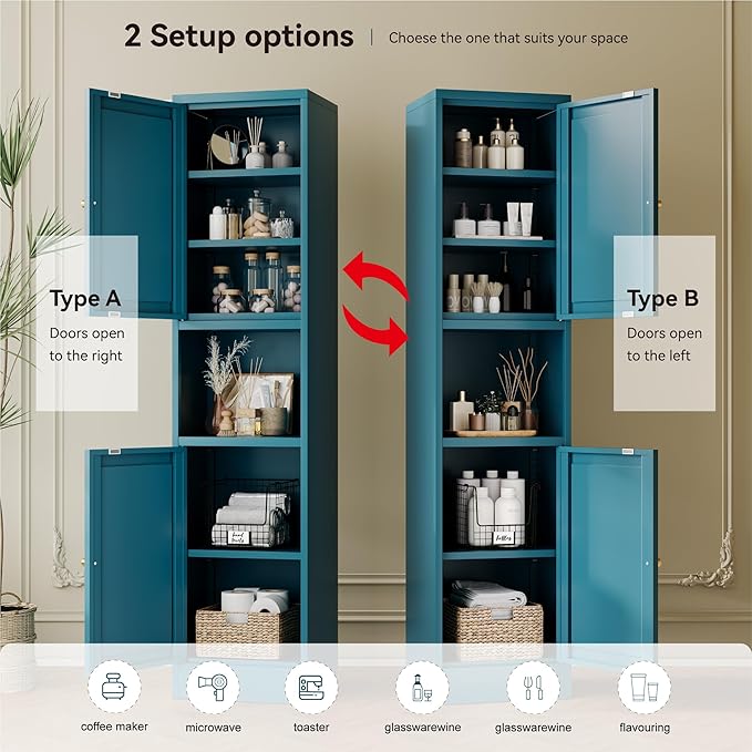 YAUWOH 2-Door Metal Storage Cabinet, Tall Slim Pantry Organizer