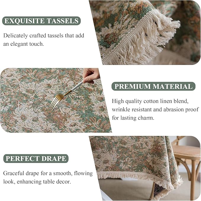 VClife Aesthetic Green and Beige Floral Table Cloth, Linen Texture Table Cloth
