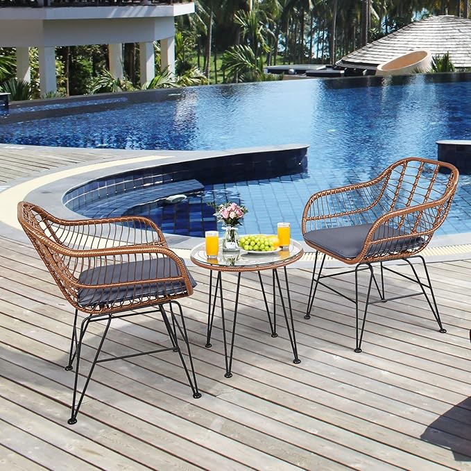 Tangkula 3 Pieces Patio Conversation Bistro Set, Outdoor Wicker Furniture