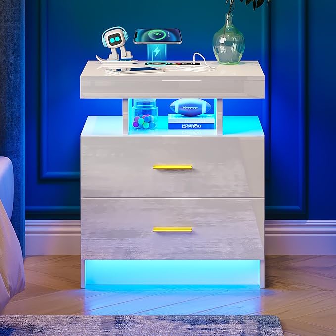 WOOVIVS Night Stand Set 2 with USB/Type-C/Wireless Charging Station, Modern