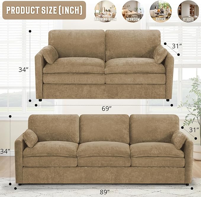 Comfy Chenille Sofa Set with Well-Filled Pillows, Modern 3 Seater and Loveseat