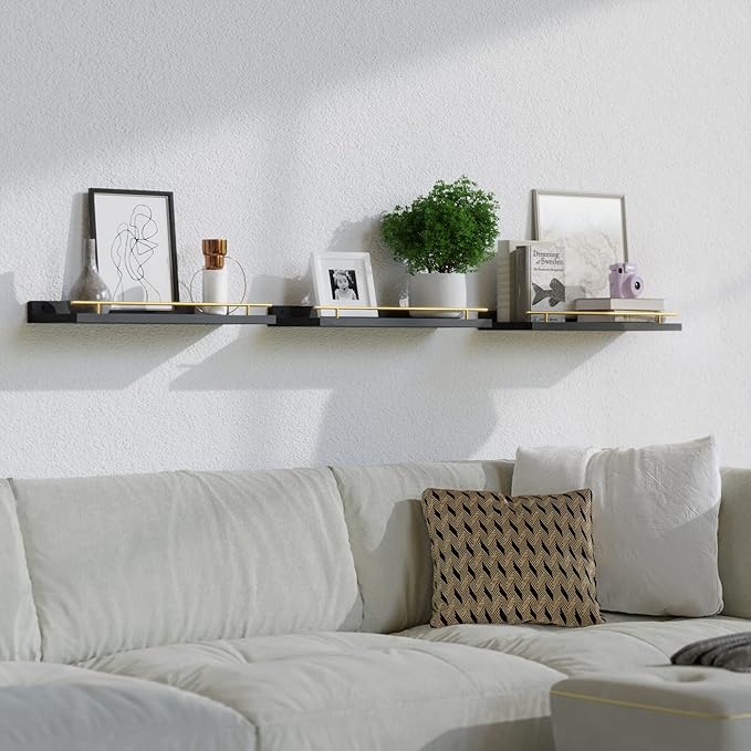 WOPITUES Floating Shelves with Gold Metal Guardrail, Shelves