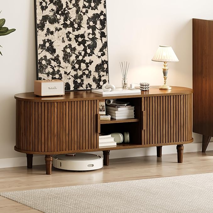 TV Console with Power Outlet-55 Entertainment Center with Sliding Tambour Door