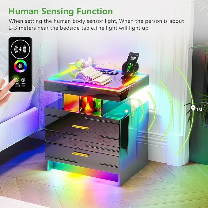 HNEBC RGB Nightstand with Wireless Charging Station, LED Night Stand with