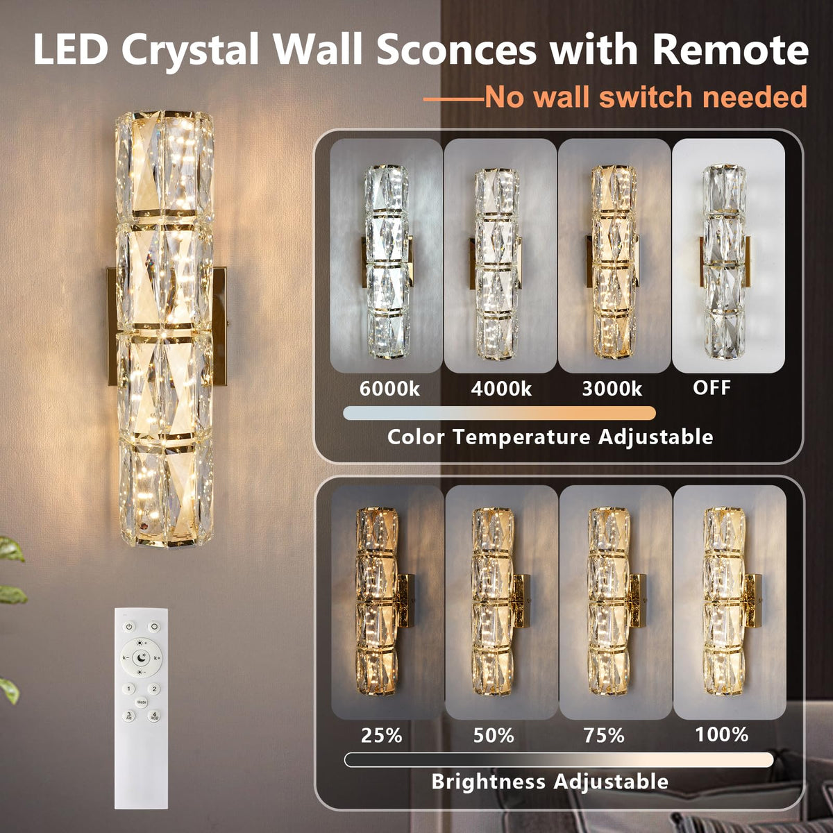 passong Gold Crystal Wall Sconces, Dimmable LED Wall Light Fixtures with Remote, Modern Luxury K9 Crystal Vanity Lighting for Bedroom Bathroom Living Room Hallway Stairway, Hardwired 3000K-6000K