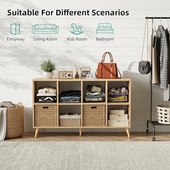 8 Cube Storage Organizer, Mid-Century Modern Wooden Bookcase