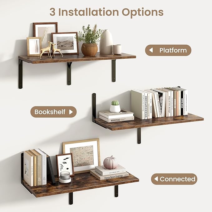 Fun Memories Rustic Brown 12 Inch Deep Floating Shelves Set of 2, Wall Mounted