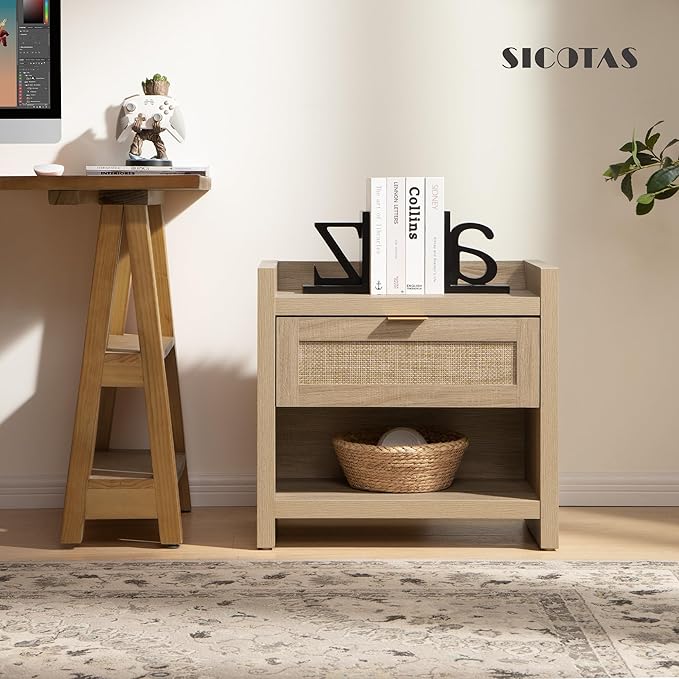 SICOTAS Rattan Nightstand End Table