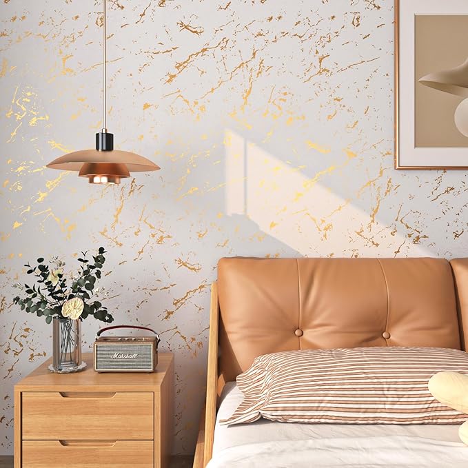 FunStick 24"x200" Off White and Gold Marble Peel and Stick Wallpaper Self