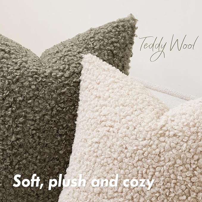 Faux Fur Throw Pillow Covers 18x18 Inch Set of 2 Boucle Neutral Decorative