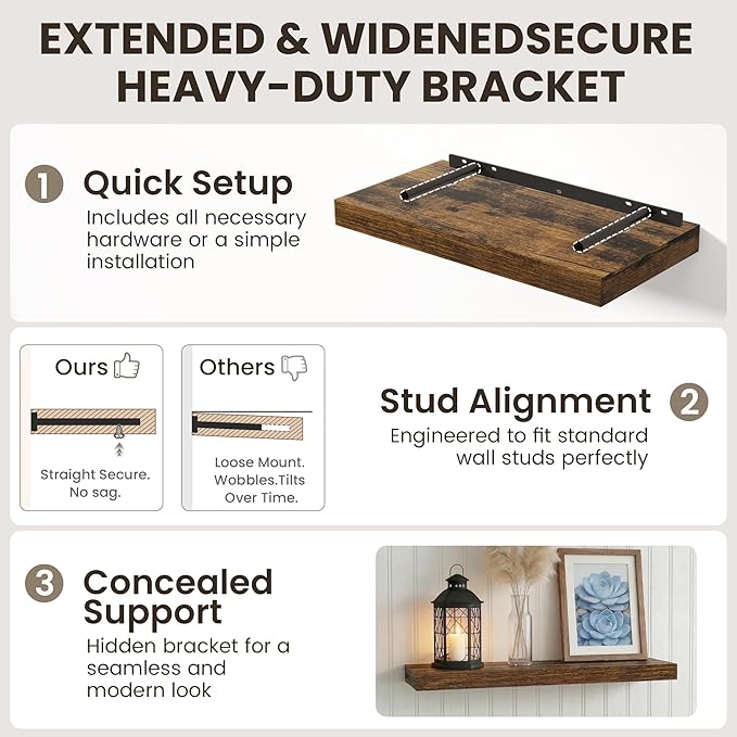 Dreamland Floating Shelves 24inch, 2 Pack Rustic Wooden Wall Shelves, Wall
