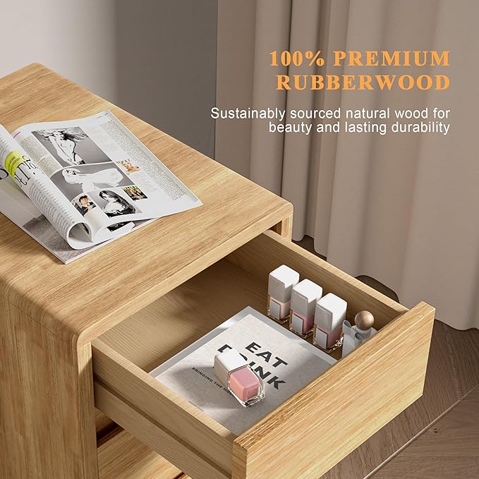 Nightstand 2 Drawers with Open Shelf Narrow Night Stand Solid Wood Bedside
