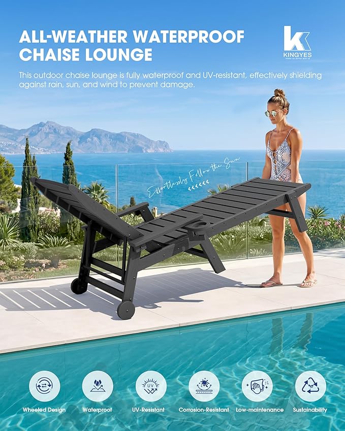 KINGYES HDPE Lounge Chair Outdoor Set of 2, Patio Chaise Lounge Recliner