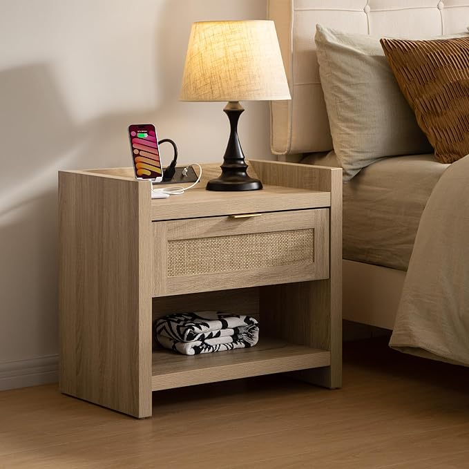 SICOTAS Rattan Nightstand End Table