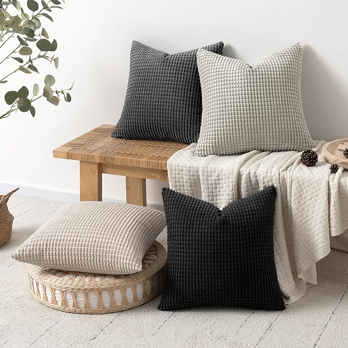 MIULEE Neutral Cream/Grey Decorative Pillow Covers 18x18 Inch Set of 4 Boho
