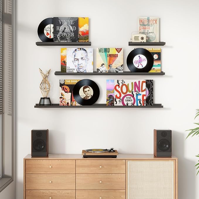Floating Picture Ledge Shelves Set of 8, 16 Inch Solid Wood Wall Shelves