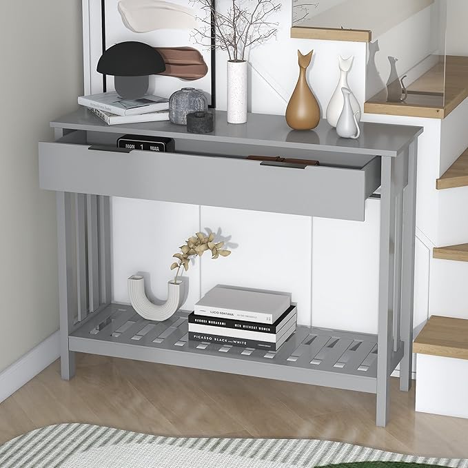 TaoHFE Entryway Table with Storage, Modern Sofa Table with Slatted Frame