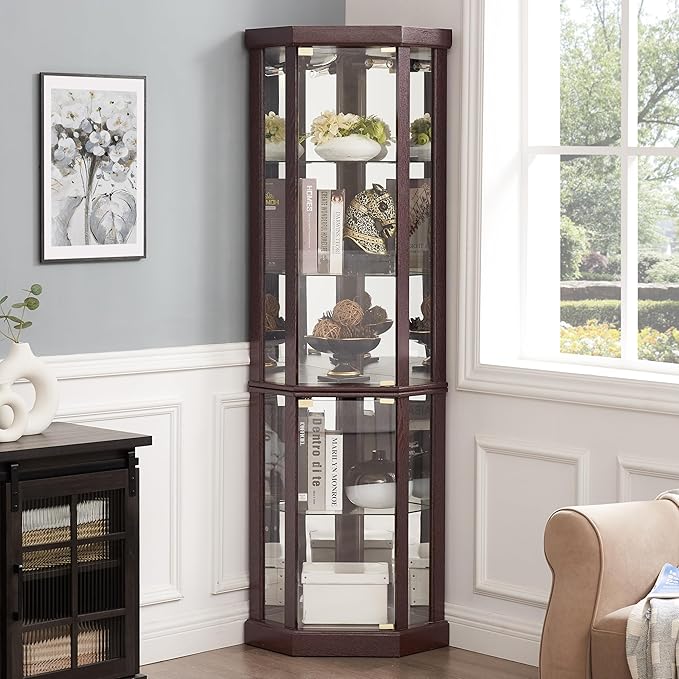 Corner Curio Cabinet, 150lbs Heavy Duty Glass Display Cabinet