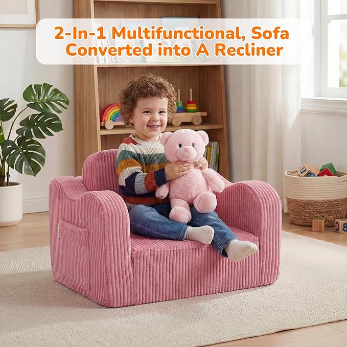 MeMoreCool Corduroy Pink Kids Chair, 2-in-1 Kids Couch Fold Out to Lounger