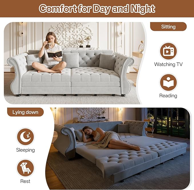 97.6" Oversized Pull Out Sofa Bed, Chesterfield Velvet Sleeper Sofa Couch