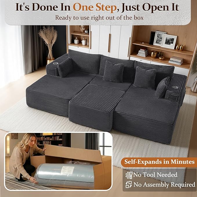 108" Cloud Sectional Couch, Comfort Sleep Sofa