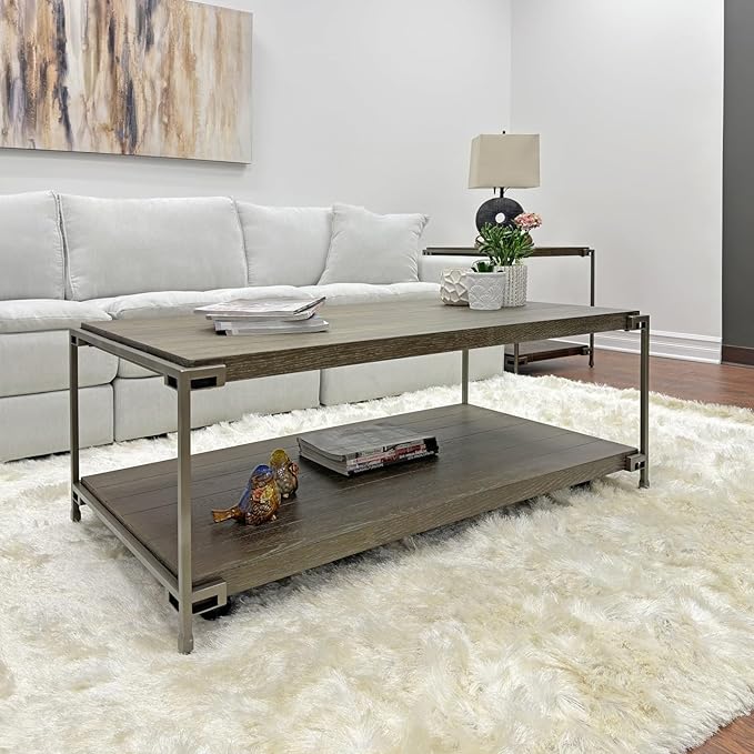50 inch Wood Coffee Table with Removable Casters, Industrial Living Room Center