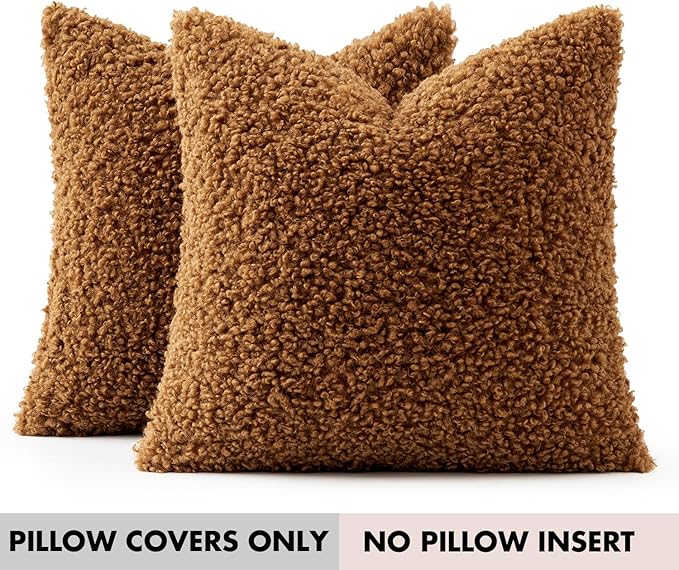 Faux Fur Throw Pillow Covers 20x20 Inch Set of 2 Boucle Neutral Decorative