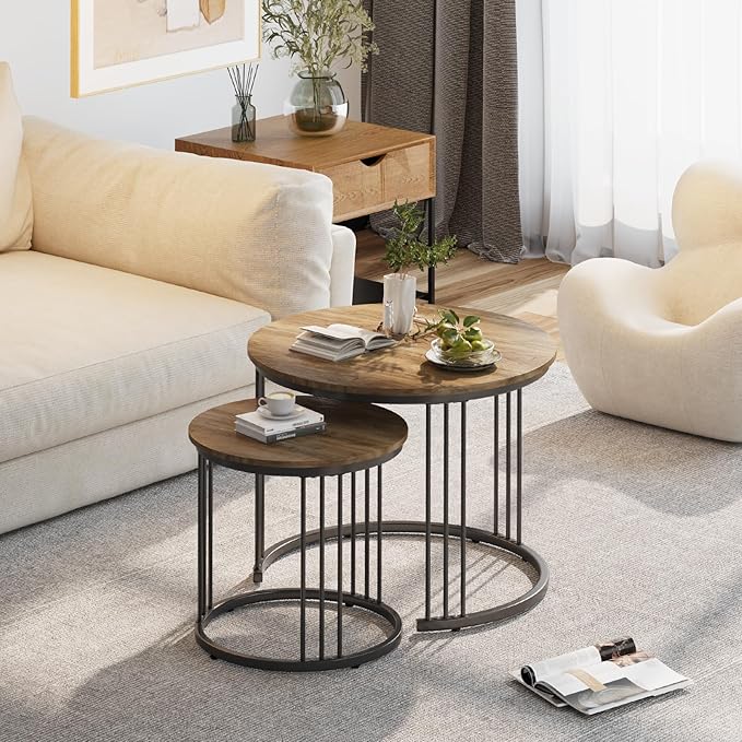 Garden 4 you Nesting Coffee Table, 23.6" Round Coffee Table Set of 2, Wooden