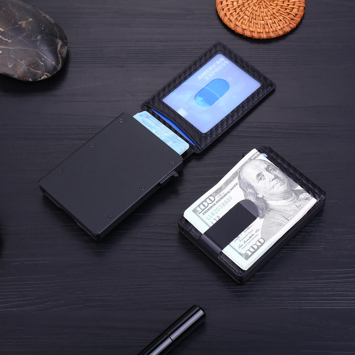 GAJOFO Slim Wallet for Men - Minimalist Mens Wallet with Money Clip，Slim Compact Wallet with Money Clip & ID Window,Pop Up Card Wallet, Metal Aluminum Credit Card Holder Bifold Wallet (black)