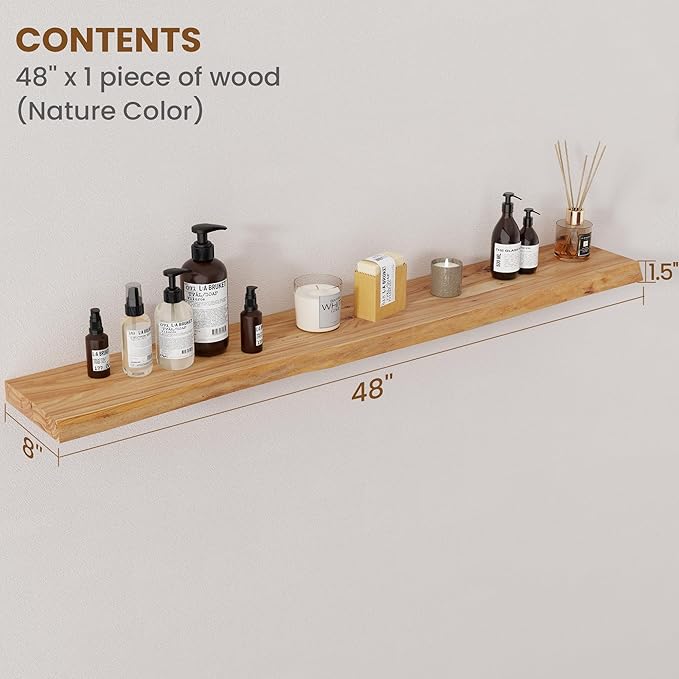 Floating Shelves for Wall Decor, Rustic Solid Elm Wood Live Edge Floating