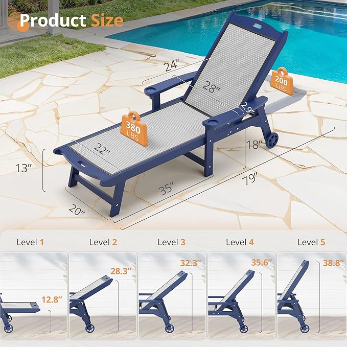 LUE BONA Chaise Lounge Chair Outdoor Set of 4, HDPS and HDPE Wicker Material