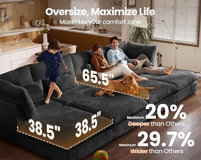 154" Oversized Corduroy Couch Modular Sectional Sofa, Washable Cloud Couch