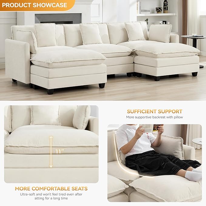 111'' Sectional Cloud Deep Seat Couch, Oversized Chenille U Shaped Sectional