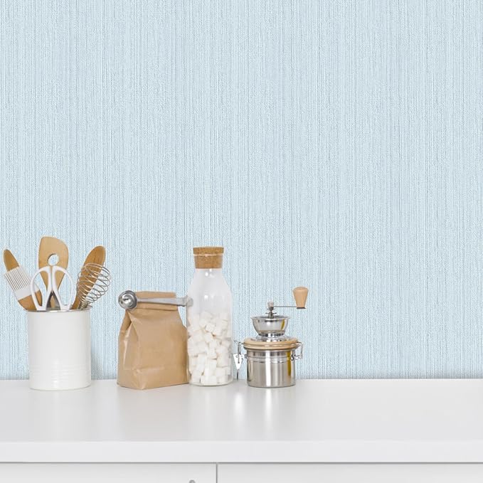Light Blue Textured Grasscloth Peel and Stick Wallpaper, Waterproof Removable