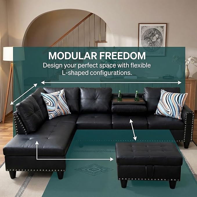 97.5" L Shaped Couch Set Leather, Modular Sectional Couches