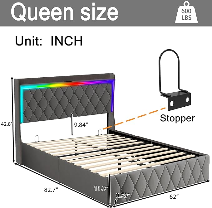 Modern Multi-Color LED Light Queen Bed Frame