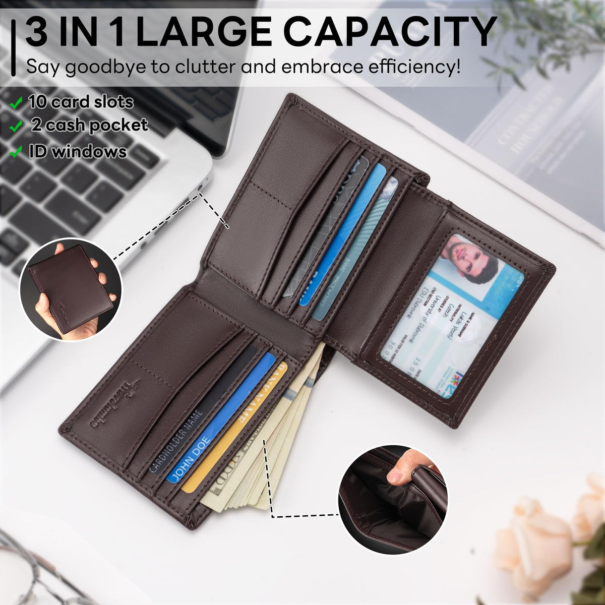 Wallet for Men, Premium Classic Mens Wallet Minimalist Slim Bifold Wallet, RFID Blocking Wallet with 10 Credit Card, 2 ID Window and 2 Cash Slots, Leather Compact Wallet, Front Pocket Card Holder