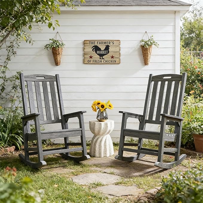Psilvam Outdoor Rocking Chair Set of 2, Poly Lumber Oversized Rocking Chair