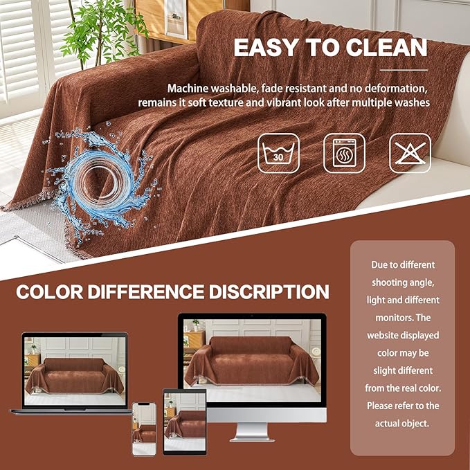 DREAMINGO Sofa Covers for 3 Cushion Couch Chenille Couch Cover Blanket