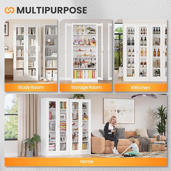 Locking Display Cabinet with Glass Door, 71”H Metal Curio Cabinets with