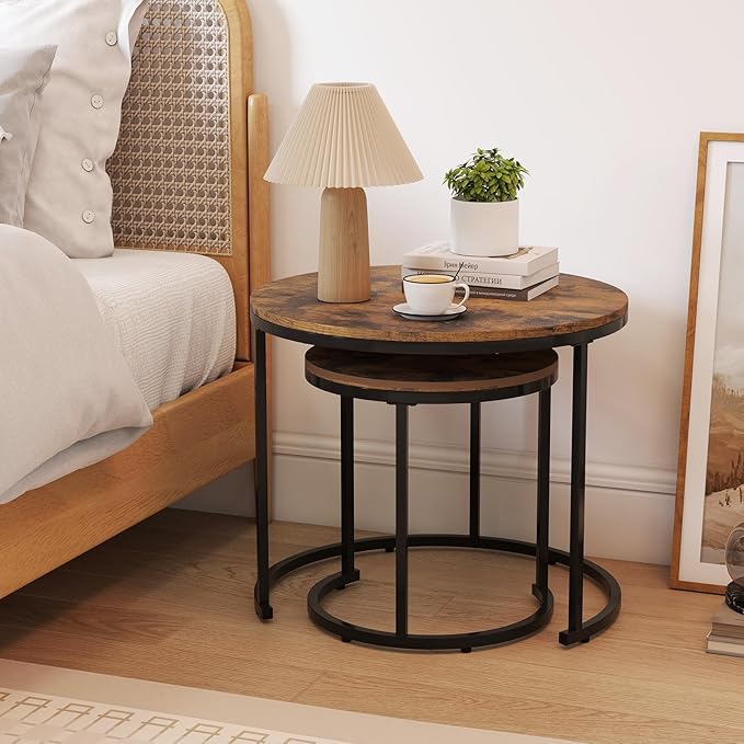 Giantex Nesting Coffee Table Set of 2, Round Stacking Side Tables w/Wooden