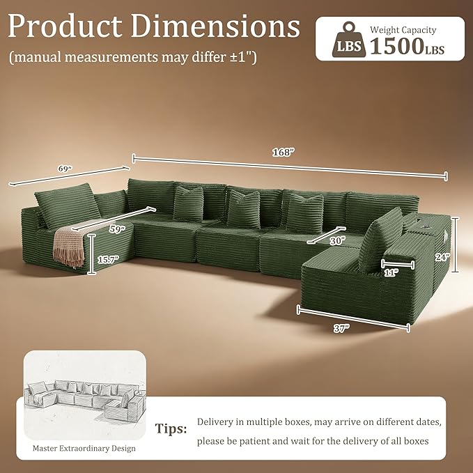 168" Cloud Sectional Couch, Comfort U Shaped Sofa