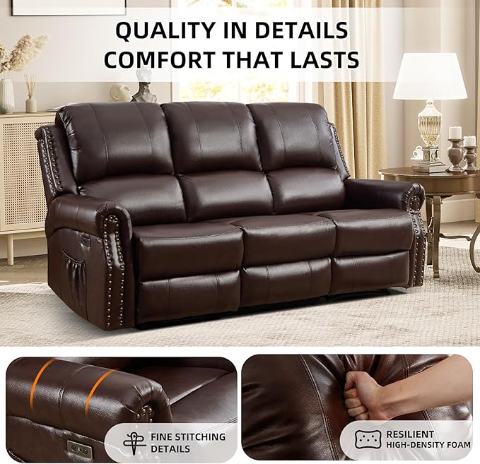 EBELLO Power Reclining Sofa for Living Room, Faux Leather 3 Seater Reclining