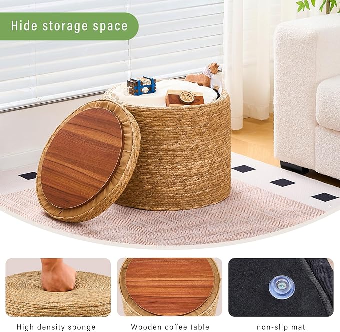 Wimarsbon Round Pouf Ottomans, Handwoven Natural Water Hyacinth Seagrass Pouffe