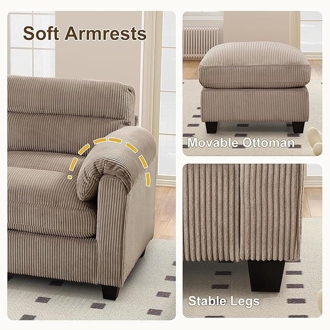 HAOMARKETS Corduroy Sofa Set, Upholstered Ottoman, Modern Loveseat and 3-Seater
