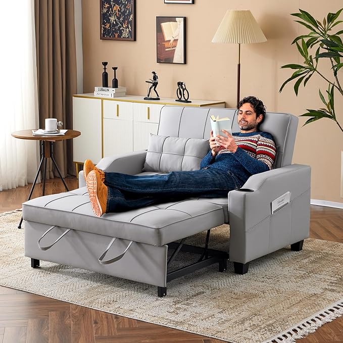 VINGLI Light Grey Futon Sofa Bed Convertible Loveseat Sleeper Couch, Faux