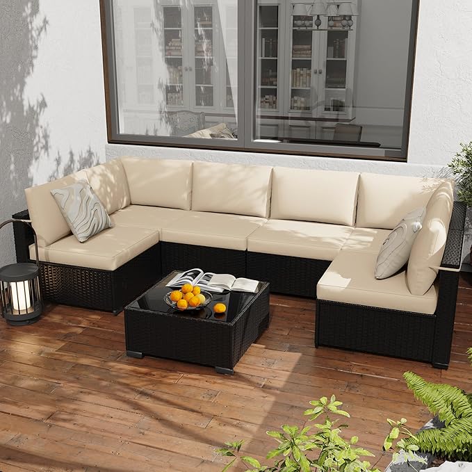 KIGOTY 7-Piece Patio Furniture Set, All-Weather PE Rattan Outdoor Sectional Sofa