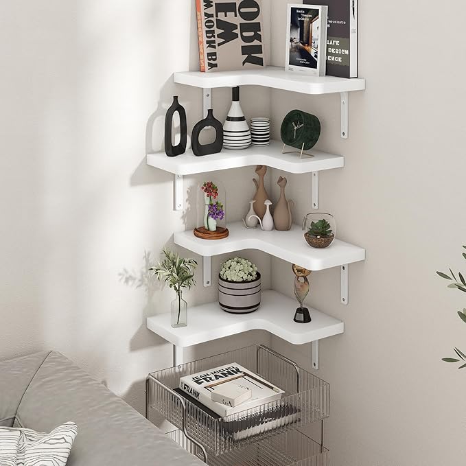 Venusmiles Corner Floating Shelves Set of 4, Wall Mounted L-Shaped Storage