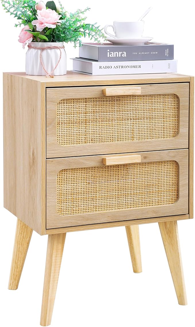 YAUKOMEL Rattan Nightstand, Wood End Table, Side Table