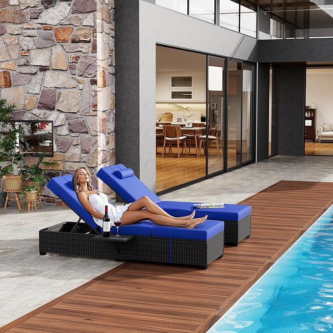 GAOMON Chaise Lounge Chairs Set of 2, Outdoor PE Rattan Chaise Lounge Chair